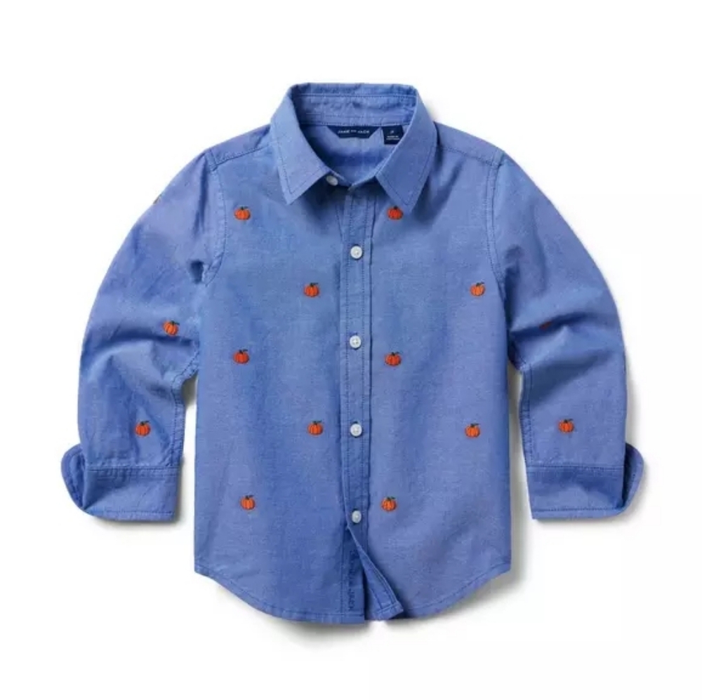 NWT Janie and Jack Boys Size 7 Chambray Blue All-Over Pumpkin Embroidery Shirt